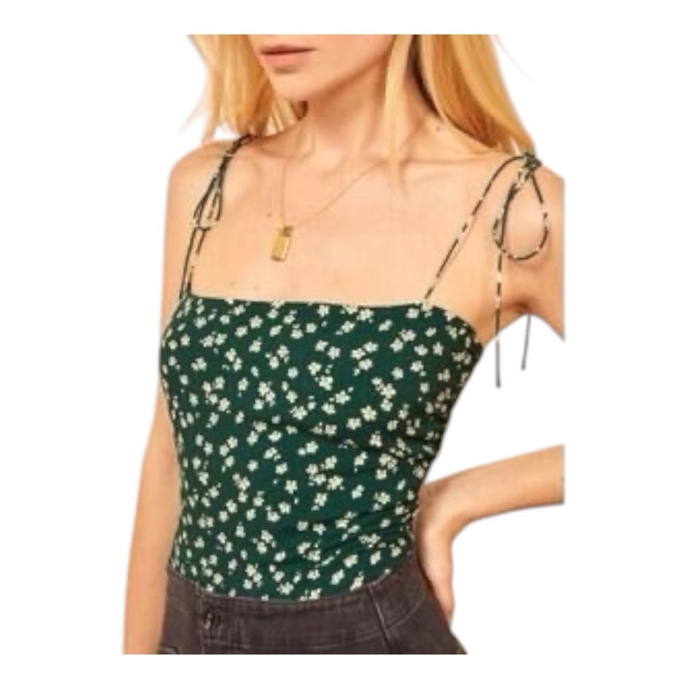 Reformation Lupe Top Green White Ditsy Floral Smocked Tie Straps Cami Tank Sz 8